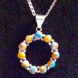 1-1/2"DIAMETER/BEAUTIFUL MOJAVE TURQUOISE STERLING PENDANT 18"-20"/30" CHAIN. 👇